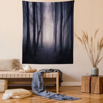 Ambesonne Forest Tapestry Twin Size, Path in Dark Deep Woodland Fog Halloween Creepy Twisted Branches Picture, Wall Hanging Bedspread Bed Cover Wall Decor, Twin Size, Grey Purple