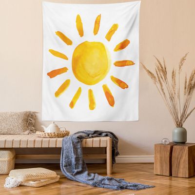 Ambesonne Grunge Tapestry Queen Size, Sun Illustration Watercolor Brush Painting Style Playroom Picture, Wall Hanging Bedspread Bed Cover Wall Decor, Queen Size, Yellow