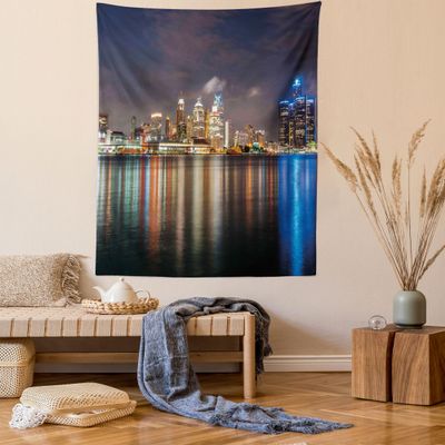 Ambesonne Detroit Tapestry Queen Size, Modern Metropolis Cityscape at Night Time River Colorful Reflection USA, Wall Hanging Bedspread Bed Cover Wall Decor, 88" X 88", Indigo
