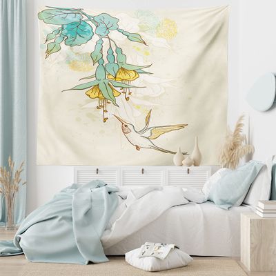 Ambesonne Hummingbird Tapestry King Size, Hummingbird and Tropical Flowers Summertime Exotic Plant Nature Art, Wall Hanging Bedspread Bed Cover Wall Decor, 104" X 88", Teal Yellow