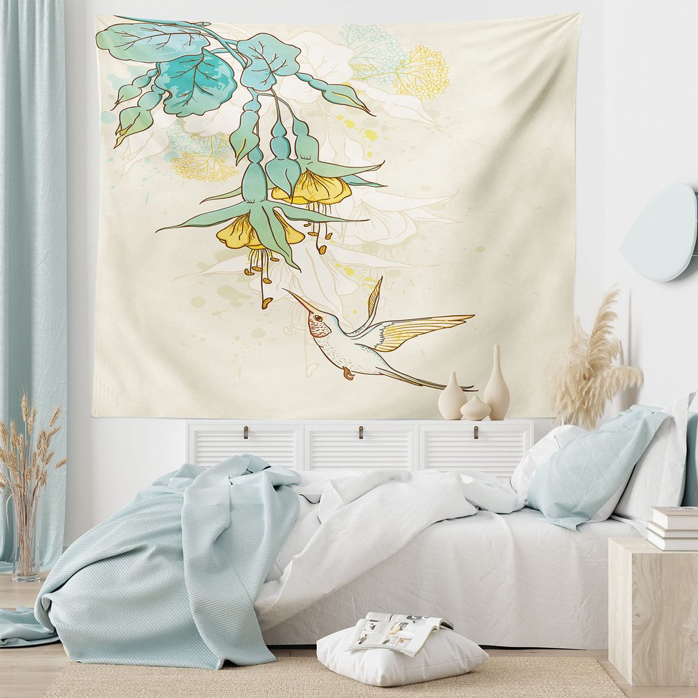 Ambesonne Hummingbird Tapestry King Size, Hummingbird and Tropical Flowers Summertime Exotic Plant Nature Art, Wall Hanging Bedspread Bed Cover Wall Decor, 104" X 88", Teal Yellow