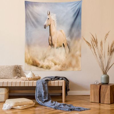 Ambesonne Horses Tapestry Queen Size, Palomino Horse in Sand Desert Blonde Male Hair Power Wild Animal, Wall Hanging Bedspread Bed Cover Wall Decor, 88" X 88", Purple Grey Peach