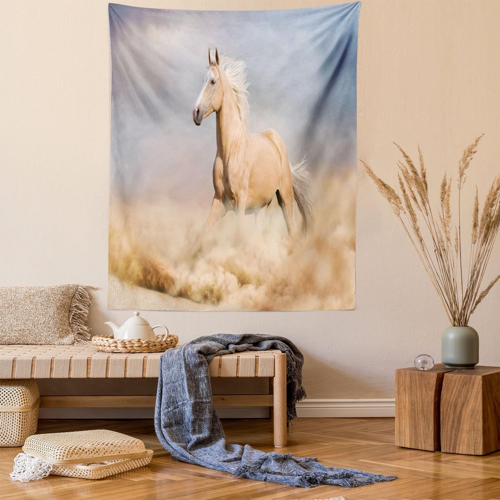 Ambesonne Horses Tapestry Queen Size, Palomino Horse in Sand Desert Blonde Male Hair Power Wild Animal, Wall Hanging Bedspread Bed Cover Wall Decor, 88" X 88", Purple Grey Peach
