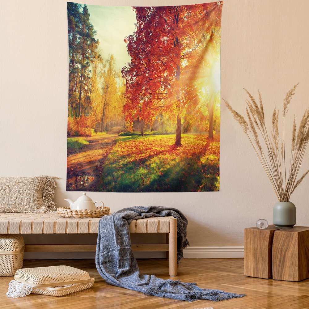 Ambesonne Fall Tapestry Queen Size, Vibrant Misty Day in Forest Sun Rays Trees Foliage Fallen Leaves Calm View, Wall Hanging Bedspread Bed Cover Wall Decor, 88" X 88", Orange Yellow Green