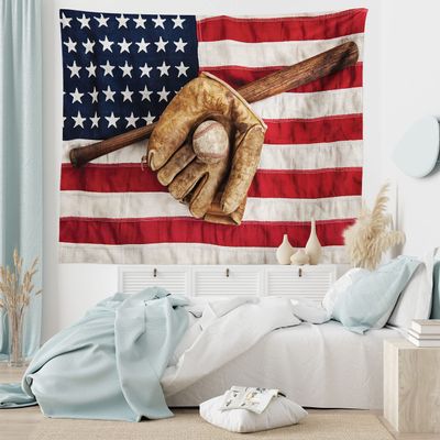 Ambesonne Baseball Tapestry King Size, Vintage Baseball League Equipment Usa Grunge Glove Bat Fielding Sports Theme, Wall Hanging Bedspread Bed Cover Wall Decor, 104" X 88", Red Brown