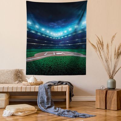 Ambesonne Baseball Tapestry Queen Size, Professional Baseball Field at Night Vibrant Playground Stadium League Theme Print, Wall Hanging Bedspread Bed Cover Wall Decor, Queen Size, Navy Green