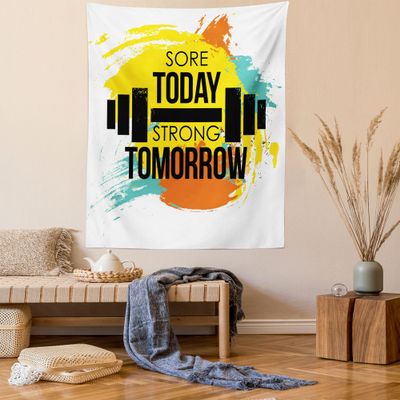Ambesonne Fitness Tapestry Twin Size, Sore Today Strong Tomorrow Gym Words Typography Colorful Energetic Brushstrokes, Wall Hanging Bedspread Bed Cover Wall Decor, 68" X 88", Yellow Black