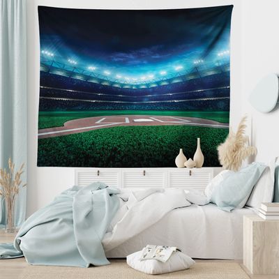 Ambesonne Baseball Tapestry King Size, Professional Baseball Field at Night Vibrant Playground Stadium League Theme Print, Wall Hanging Bedspread Bed Cover Wall Decor, King Size, Navy Green