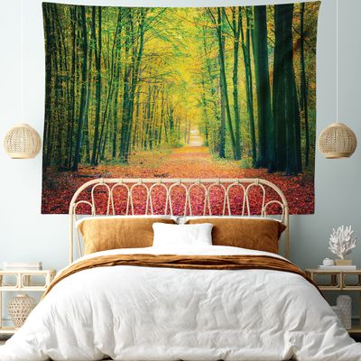 Ambesonne Forest Tapestry King Size, Pathway in Autumn Dramatic Road to Infinity Toned Warm Fall Colors Rural Scenery Print, Wall Hanging Bedspread Bed Cover Wall Decor, 104" X 88", Green Scarlet
