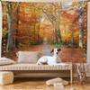 Ambesonne Fall Tapestry King Size, Pathway Covered Fallen Leaves Through Autumn Forest Vibrant Trees Print, Wall Hanging Bedspread Bed Cover Wall Decor, 104" X 88", Orange Yellow Green view 1