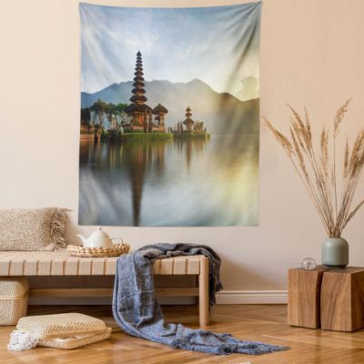 Ambesonne Balinese Tapestry Queen Size, Pura Ulun Danu Building Panorama Sunrise on Lake Bratan Bali Indonesia Waterscape, Wall Hanging Bedspread Bed Cover Wall Decor, 88" X 88", Beige Brown