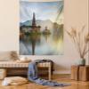 Ambesonne Balinese Tapestry Queen Size, Pura Ulun Danu Building Panorama Sunrise on Lake Bratan Bali Indonesia Waterscape, Wall Hanging Bedspread Bed Cover Wall Decor, 88" X 88", Beige Brown view 1