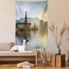Ambesonne Balinese Tapestry Queen Size, Pura Ulun Danu Building Panorama Sunrise on Lake Bratan Bali Indonesia Waterscape, Wall Hanging Bedspread Bed Cover Wall Decor, 88" X 88", Beige Brown view 2
