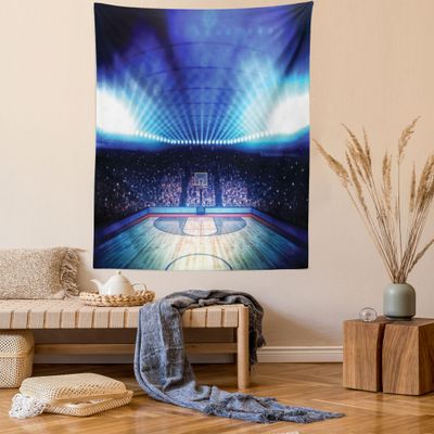Ambesonne Basketball Tapestry Twin Size, Basketball Arena Court with Fans and Competition Theme Game Excitement Print, Wall Hanging Bedspread Bed Cover Wall Decor, Twin Size, Navy Black