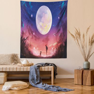 Ambesonne Fantasy Tapestry Queen Size, Young Woman with a Dog Under Huge Moon Starry Sky Celestial Friendship Art, Wall Hanging Bedspread Bed Cover Wall Decor, 88" X 88", Coral Indigo