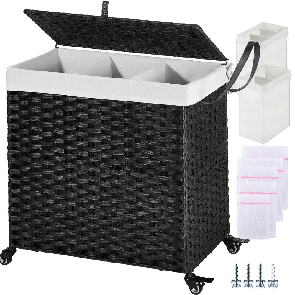 Greenstell Laundry Hamper with Wheels&Lid, 130L Large 3 Sections Clothes Hamper with 2 Types Removable Liner Bags, 5 Mesh Laundry Bags, Handwoven Divided Laundry Basket Black