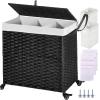 Greenstell Laundry Hamper with Wheels&Lid, 130L Large 3 Sections Clothes Hamper with 2 Types Removable Liner Bags, 5 Mesh Laundry Bags, Handwoven Divided Laundry Basket Black view 1