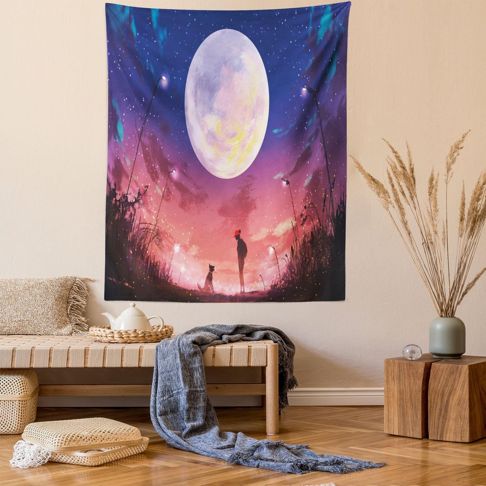 Ambesonne Fantasy Tapestry Twin Size, Young Woman with a Dog Under Huge Moon Starry Sky Celestial Friendship Art, Wall Hanging Bedspread Bed Cover Wall Decor, 68" X 88", Coral Indigo