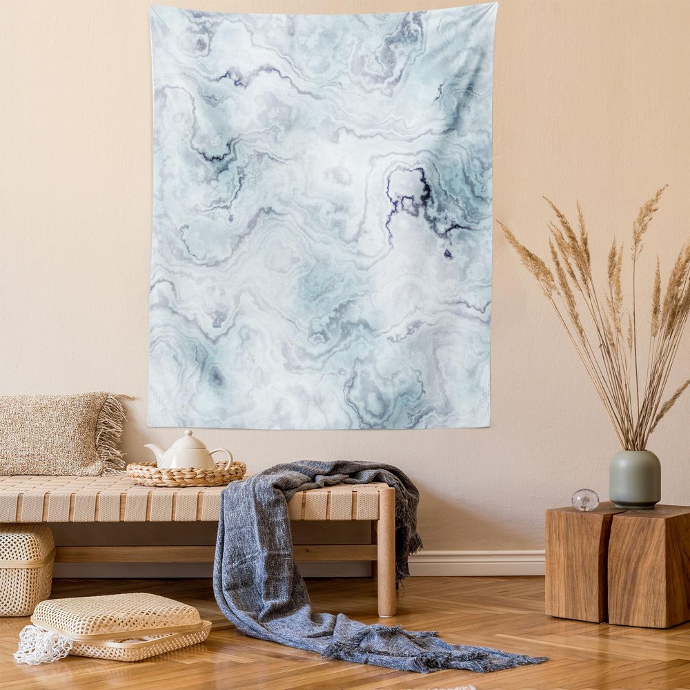 Ambesonne Marble Print Tapestry Queen Size, Soft Pastel Toned Abstract Wavy Pattern Ottoman Influences Image, Wall Hanging Bedspread Bed Cover Wall Decor, 88" X 88", Pale Blue Grey Mint