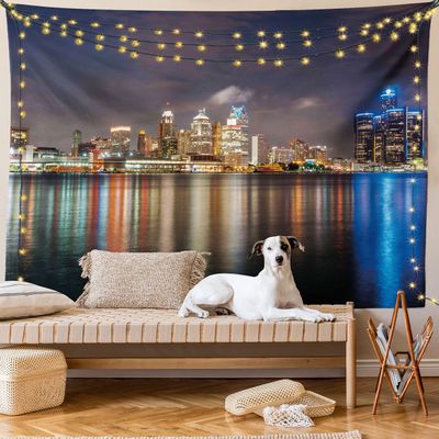 Ambesonne Detroit Tapestry King Size, Modern Metropolis Cityscape at Night Time River Colorful Reflection USA, Wall Hanging Bedspread Bed Cover Wall Decor, 104" X 88", Indigo