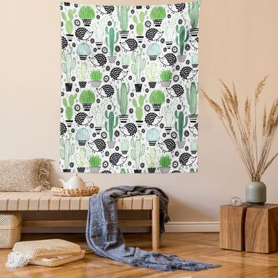 Ambesonne Cactus Tapestry Queen Size, Cartoon Style Inspired Drawing of Hedgehog Animals Saguaro and Prickly Pear, Wall Hanging Bedspread Bed Cover Wall Decor, 88" X 88", White Green