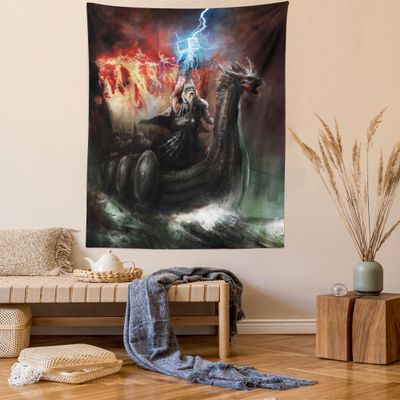 Ambesonne Dragon Tapestry Queen Size, Imaginary Wrath of Vikings Royal Boat Animal Head Storm Rays, Wall Hanging Bedspread Bed Cover Wall Decor, 88" X 88", Charcoal Grey Red