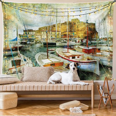 Ambesonne Marine Tapestry King Size, Naples Small Boats at Historical Italian Coast Heritage Castle Nautical Art, Wall Hanging Bedspread Bed Cover Wall Decor, 104" X 88", Earth Yellow
