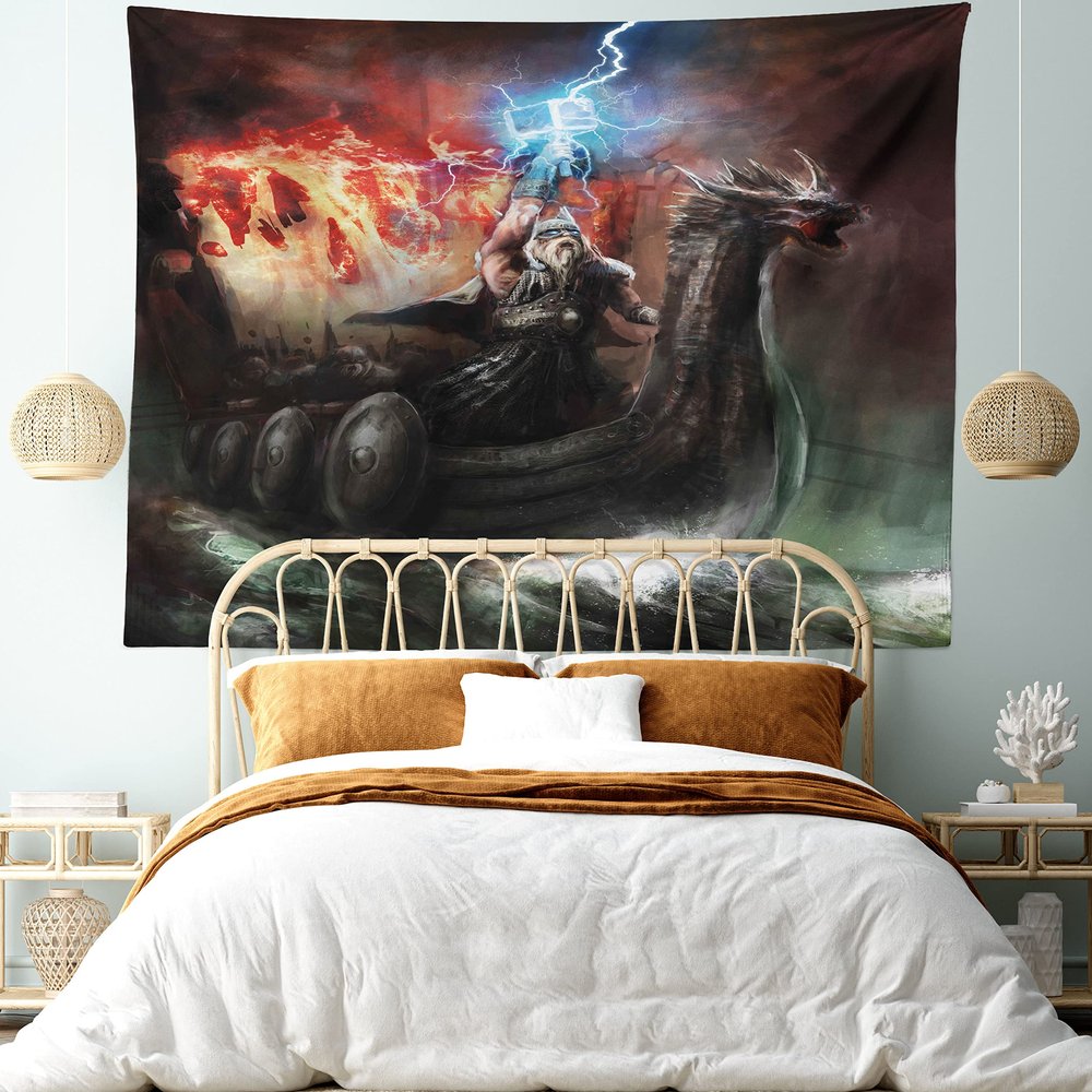 Ambesonne Dragon Tapestry King Size, Imaginary Wrath of Vikings Royal Boat Animal Head Storm Rays, Wall Hanging Bedspread Bed Cover Wall Decor, 104" X 88", Charcoal Grey Red