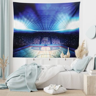 Ambesonne Basketball Tapestry King Size, Basketball Arena Court with Fans and Competition Theme Game Excitement Print, Wall Hanging Bedspread Bed Cover Wall Decor, King Size, Navy Black