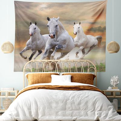 Ambesonne Horses Tapestry King Size, Stallion Horses Running on a Sky Background Male Champions Print, Wall Hanging Bedspread Bed Cover Wall Decor, King Size, White Orange