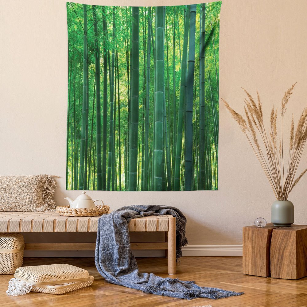 Ambesonne Bamboo Print Tapestry Twin Size, Oriental Exotic Bamboo Trees in the Rainforest Horizontal Jungle Stalk Nature View, Wall Hanging Bedspread Bed Cover Wall Decor, 68" X 88" Green