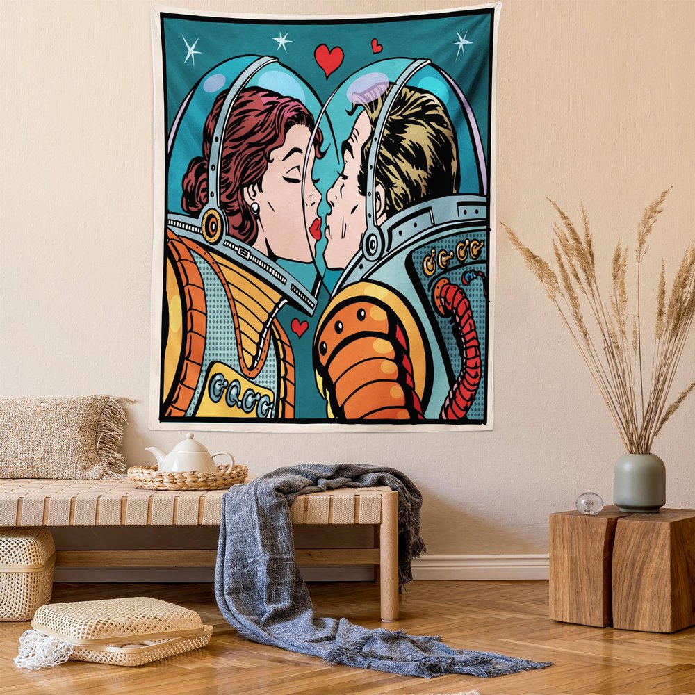 Ambesonne Love Tapestry Queen Size, Space Man and Woman Astronauts Kissing Science Cosmos Couple Pop Art Design Print, Wall Hanging Bedspread Bed Cover Wall Decor, 88" X 88", Orange Teal