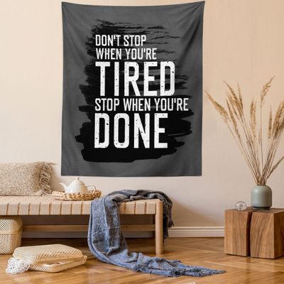 Ambesonne Fitness Tapestry Queen Size, Words Dont Stop Encouraging Keep Moving Brush Strokes, Wall Hanging Bedspread Bed Cover Wall Decor, 88" X 88", Charcoal Grey White