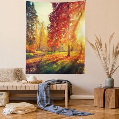 Ambesonne Fall Tapestry Twin Size, Vibrant Misty Day in Forest Sun Rays Trees Foliage Fallen Leaves Calm View, Wall Hanging Bedspread Bed Cover Wall Decor, 68" X 88", Orange Yellow Green
