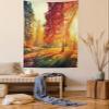Ambesonne Fall Tapestry Twin Size, Vibrant Misty Day in Forest Sun Rays Trees Foliage Fallen Leaves Calm View, Wall Hanging Bedspread Bed Cover Wall Decor, 68" X 88", Orange Yellow Green view 1