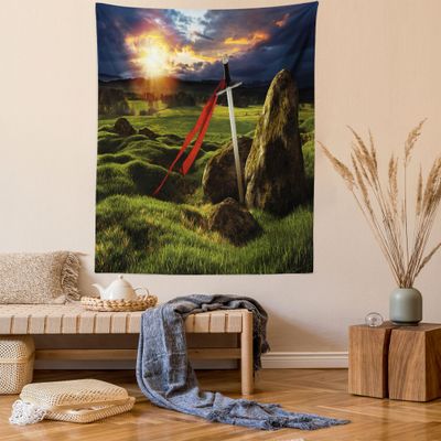 Ambesonne King Tapestry Queen Size, Arthur Camelot Myth in England Ireland Fields Invincible Myth Image, Wall Hanging Bedspread Bed Cover Wall Decor, 88" X 88", Green Blue Red