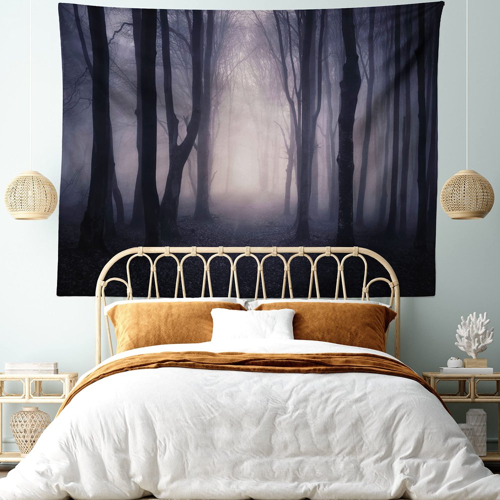 Ambesonne Forest Tapestry King Size, Path in Dark Deep Woodland Fog Halloween Creepy Twisted Branches Picture, Wall Hanging Bedspread Bed Cover Wall Decor, King Size, Grey Purple