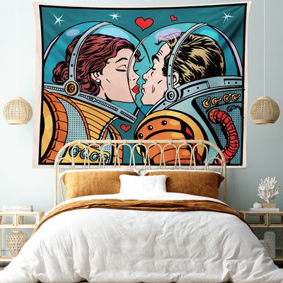 Ambesonne Love Tapestry King Size, Space Man and Woman Astronauts Kissing Science Cosmos Couple Pop Art Design Print, Wall Hanging Bedspread Bed Cover Wall Decor, 104" X 88", Orange Teal