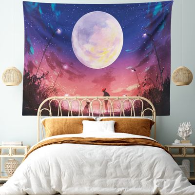 Ambesonne Fantasy Tapestry King Size, Young Woman with a Dog Under Huge Moon Starry Sky Celestial Friendship Art, Wall Hanging Bedspread Bed Cover Wall Decor, 104" X 88", Coral Indigo