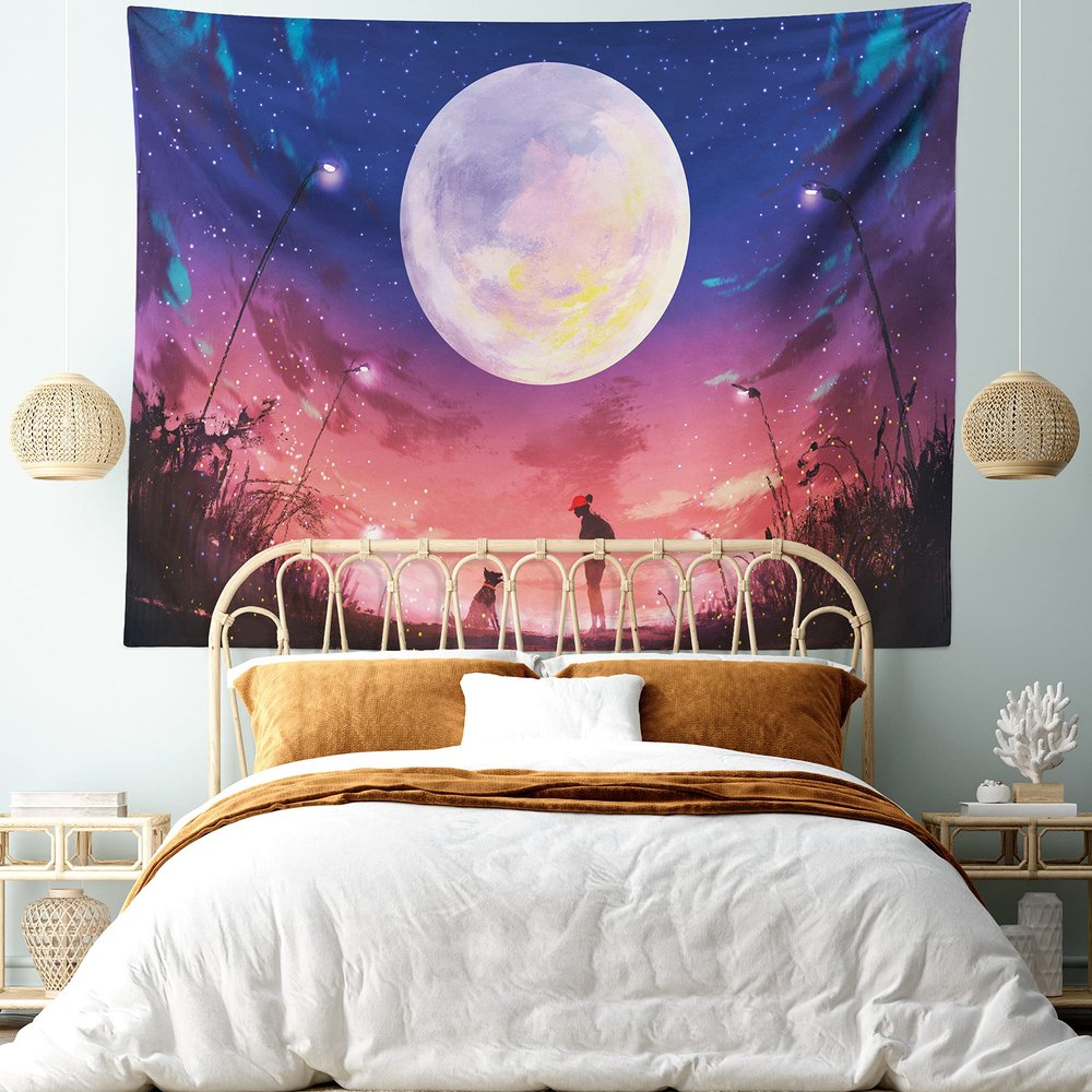 Ambesonne Fantasy Tapestry King Size, Young Woman with a Dog Under Huge Moon Starry Sky Celestial Friendship Art, Wall Hanging Bedspread Bed Cover Wall Decor, 104" X 88", Coral Indigo
