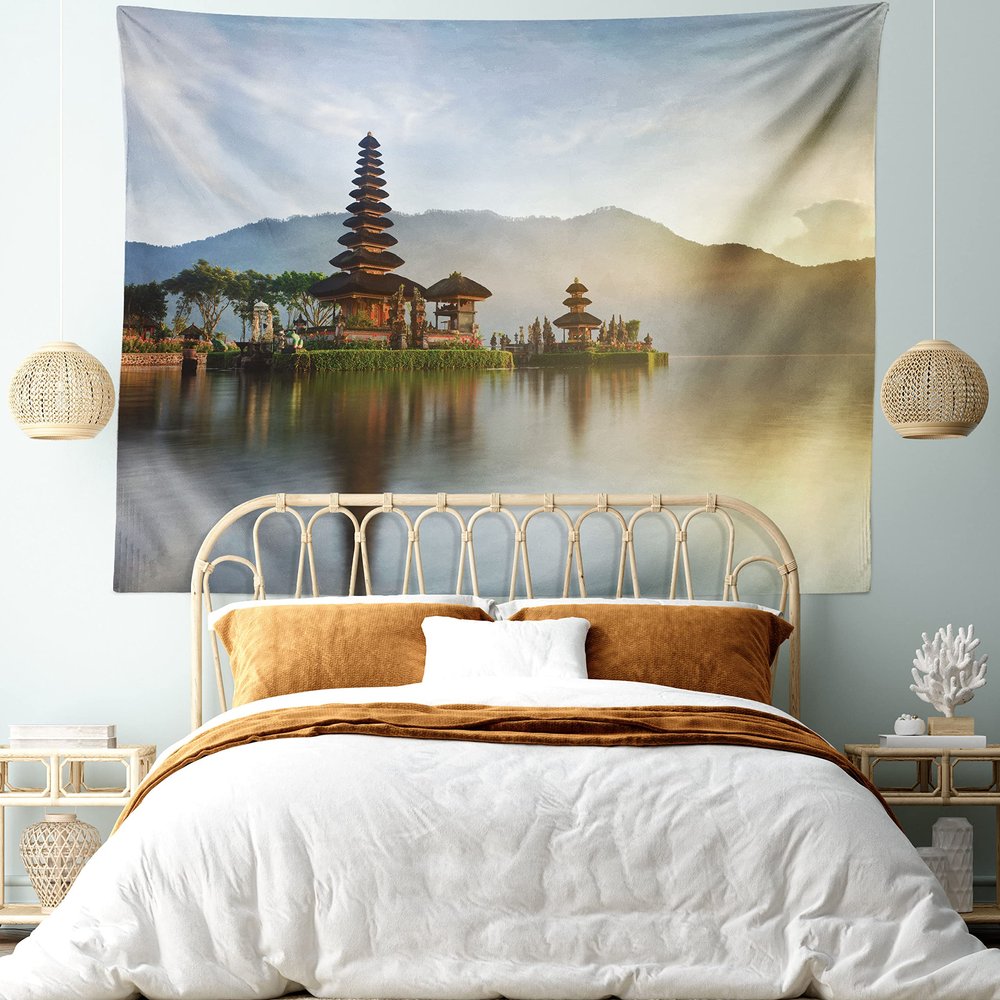 Ambesonne Balinese Tapestry King Size, Pura Ulun Danu Building Panorama Sunrise on Lake Bratan Bali Indonesia Waterscape, Wall Hanging Bedspread Bed Cover Wall Decor, 104" X 88", Beige Brown