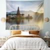 Ambesonne Balinese Tapestry King Size, Pura Ulun Danu Building Panorama Sunrise on Lake Bratan Bali Indonesia Waterscape, Wall Hanging Bedspread Bed Cover Wall Decor, 104" X 88", Beige Brown view 1