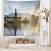 Ambesonne Balinese Tapestry King Size, Pura Ulun Danu Building Panorama Sunrise on Lake Bratan Bali Indonesia Waterscape, Wall Hanging Bedspread Bed Cover Wall Decor, 104" X 88", Beige Brown view 2