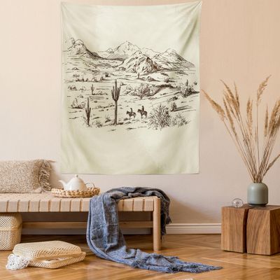 Ambesonne Western Tapestry, Wild West Landscape Illustration Mountains Desert Plants Cowboys on Horses, Fabric Wall Hanging Decor for Bedroom Living Room Dorm, 23" X 28", Beige Black