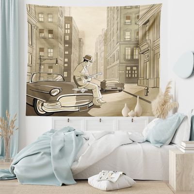Ambesonne Jazz Music Tapestry King Size, Illustration of a Guitarist in an Old Street of New York Buildings Music Cityscape, Wall Hanging Bedspread Bed Cover Wall Decor, 104" X 88", Beige