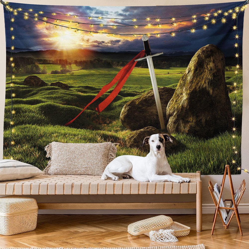 Ambesonne King Tapestry King Size, Arthur Camelot Myth in England Ireland Fields Invincible Myth Image, Wall Hanging Bedspread Bed Cover Wall Decor, 104" X 88", Green Blue Red
