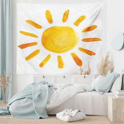 Ambesonne Grunge Tapestry King Size, Sun Illustration Watercolor Brush Painting Style Playroom Picture, Wall Hanging Bedspread Bed Cover Wall Decor, King Size, Yellow