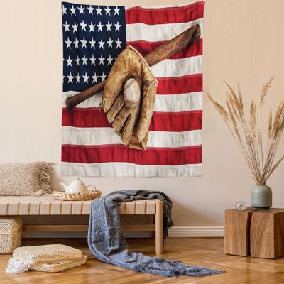 Ambesonne Baseball Tapestry Twin Size, Vintage Baseball League Equipment Usa Grunge Glove Bat Fielding Sports Theme, Wall Hanging Bedspread Bed Cover Wall Decor, 68" X 88", Red Brown