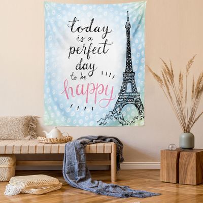 Ambesonne Eiffel Tower Tapestry Queen Size, Perfect Day Eiffel Tower Polka Dot Handwriting Typography Sketch Paris Print, Wall Hanging Bedspread Bed Cover Wall Decor, 88" X 88", Black Blue