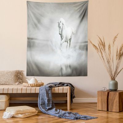 Ambesonne Horses Tapestry Queen Size, Wild Horse Running Through Water Dramatic for the Motivation of Life Art, Wall Hanging Bedspread Bed Cover Wall Decor, 88" X 88", Black and White